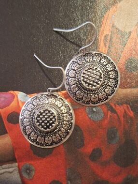 Silver-Tone Boho Filigree Disc Drop Earrings